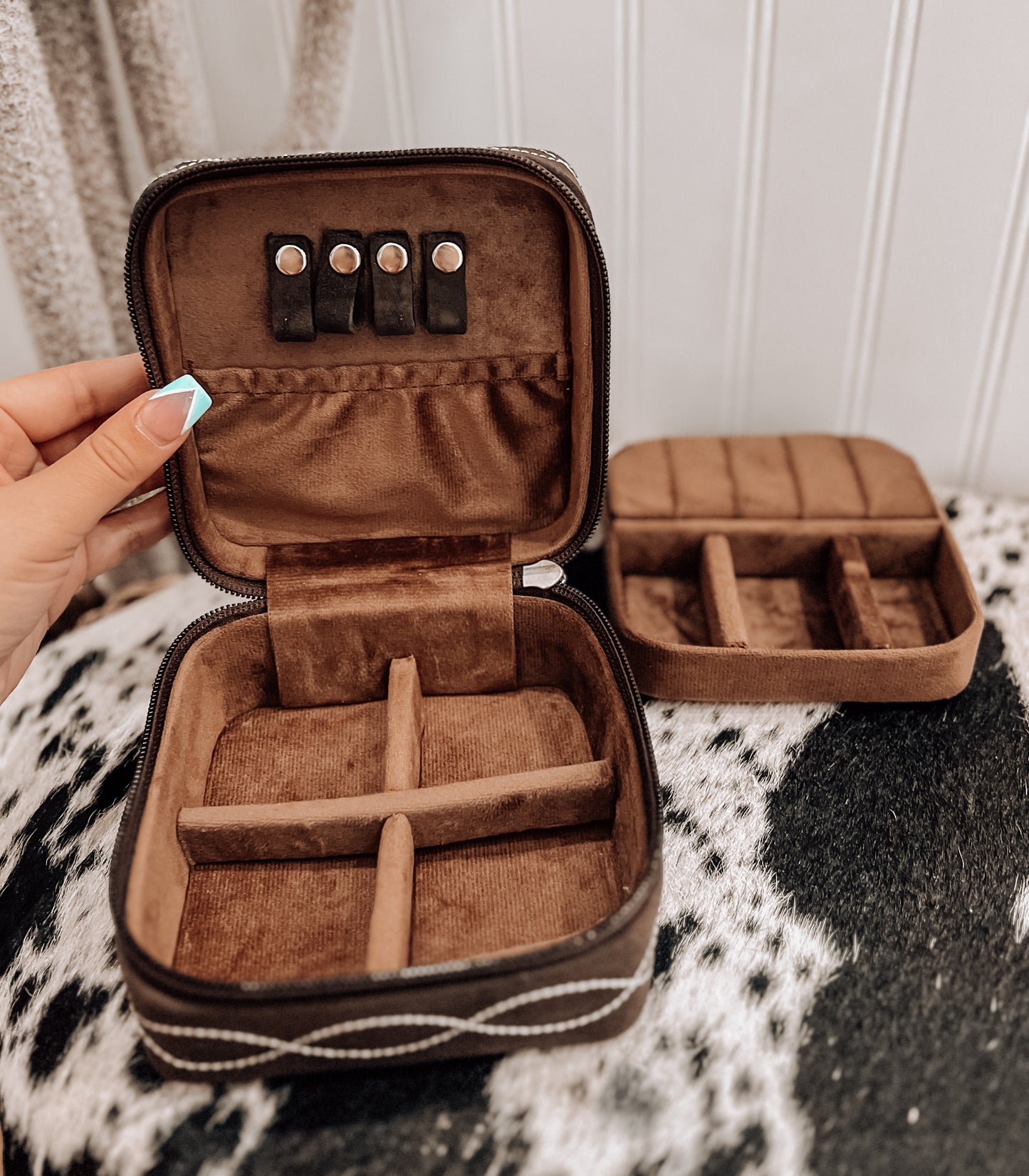 Brown Boot Stitch Square Jewelry Box