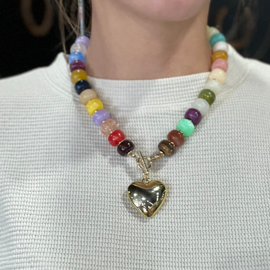 Multi Beaded Heart Charm Toggle Necklace