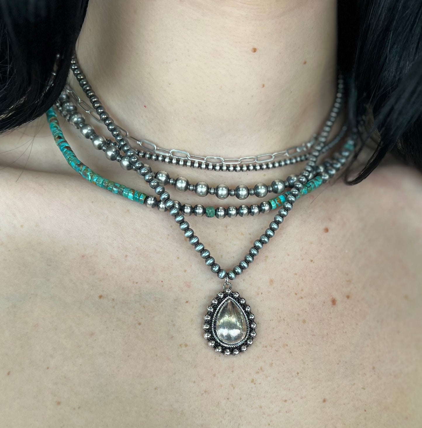 Navajo Pearl Teardrop Concho Necklace
