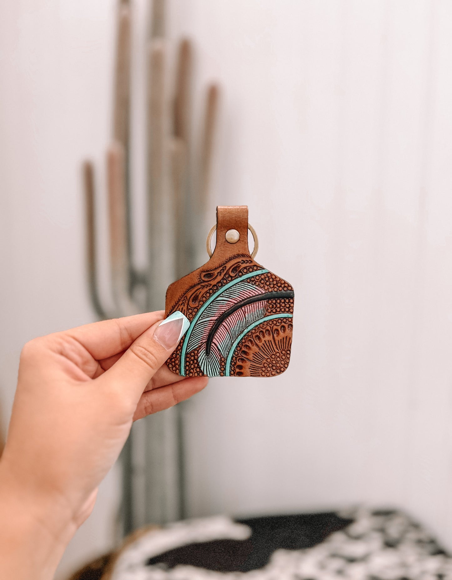 Quail Feather Hand-tooled Leather Key Fob