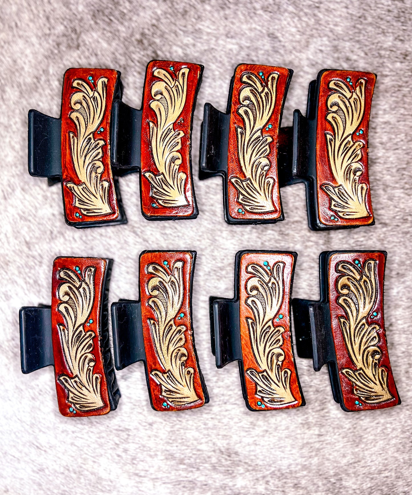 Rust Scroll Tooled Leather Claw Clip