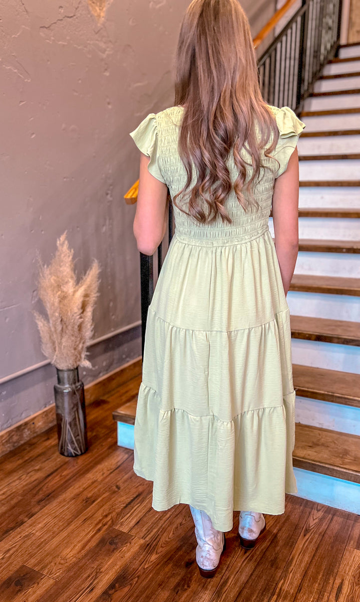 Scoop Flutter Sleeves Chiffon A-line Maxi Dresses with Slit Dusty Sage