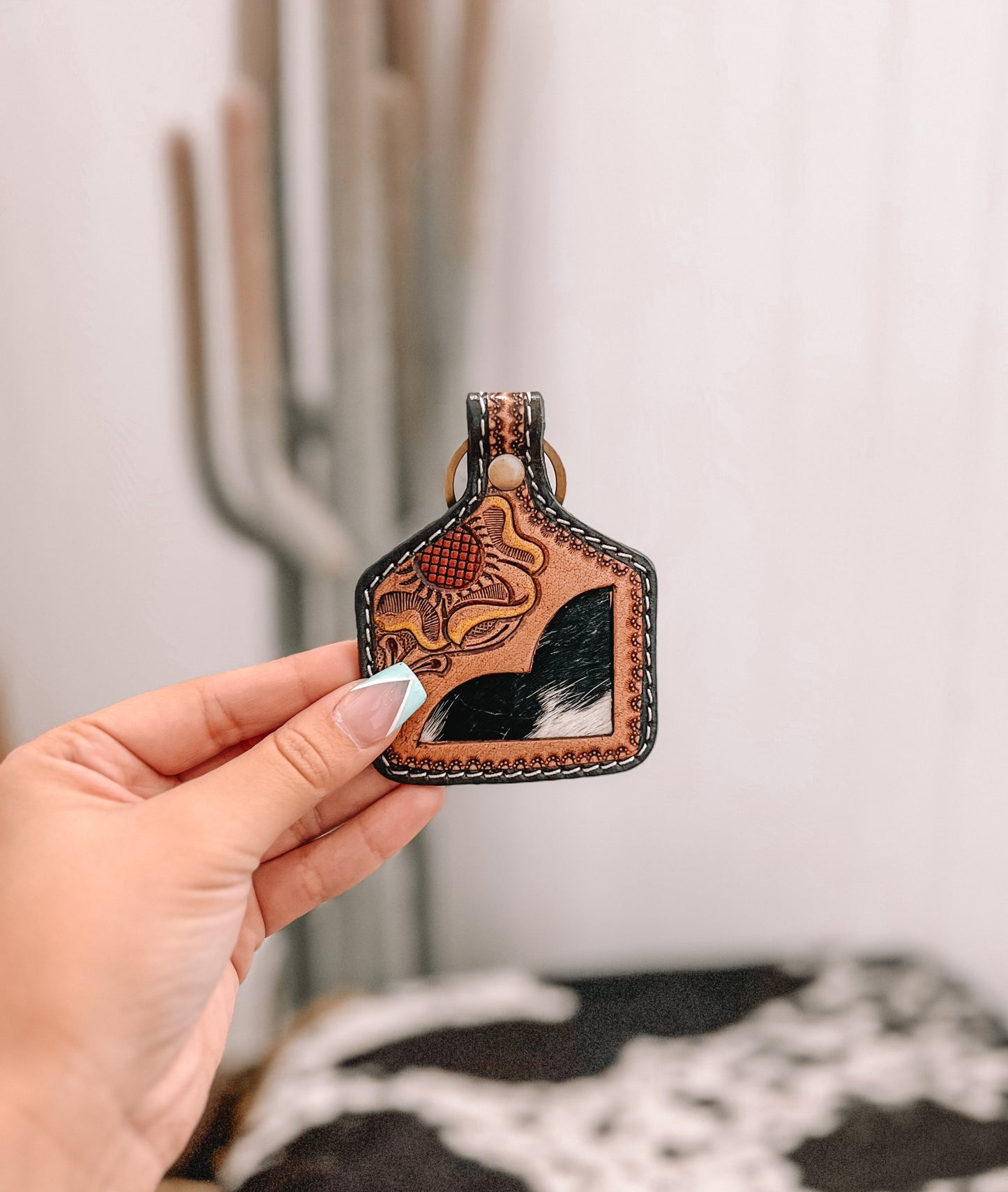 One Bloom Hand-tooled Leather Key Fob