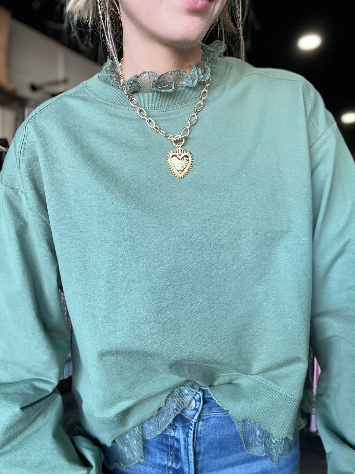 Olive Lace Trim Sweatshirt