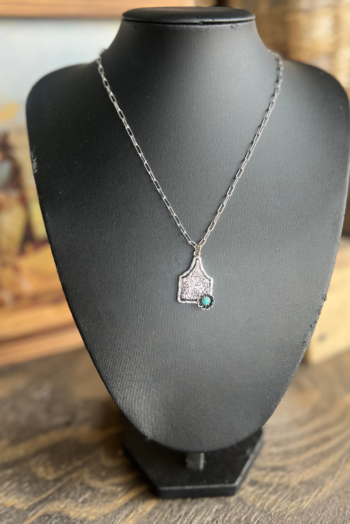 Floral Tooling Cowtag Necklace
