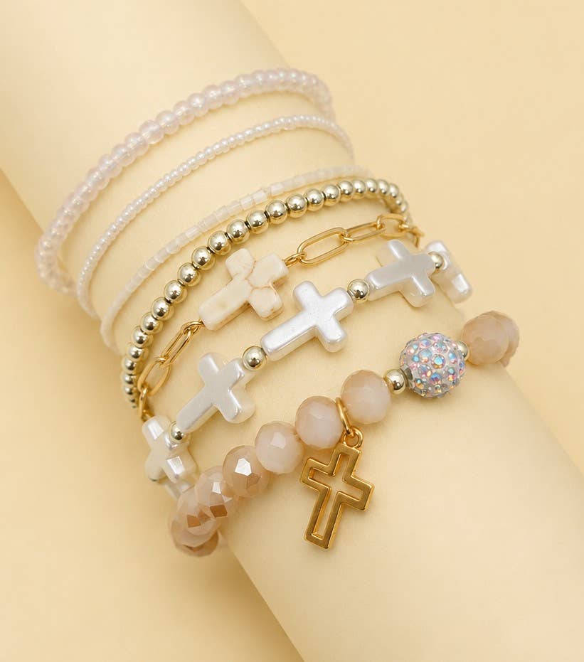 Cross Charm Mixed Beaded Bracelet Set *White