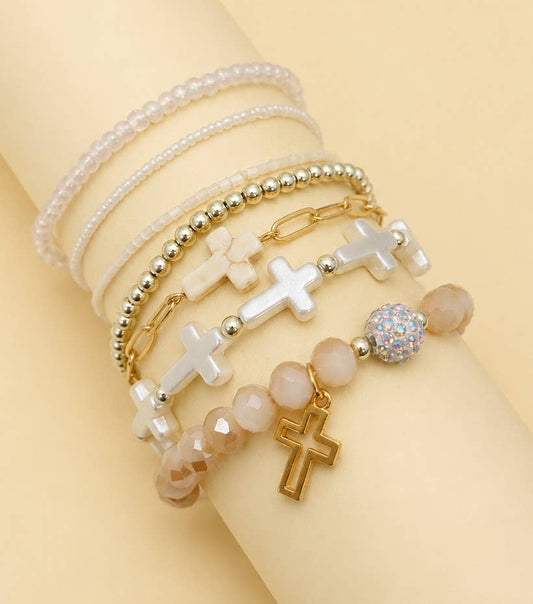 Cross Charm Mixed Beaded Bracelet Set *White