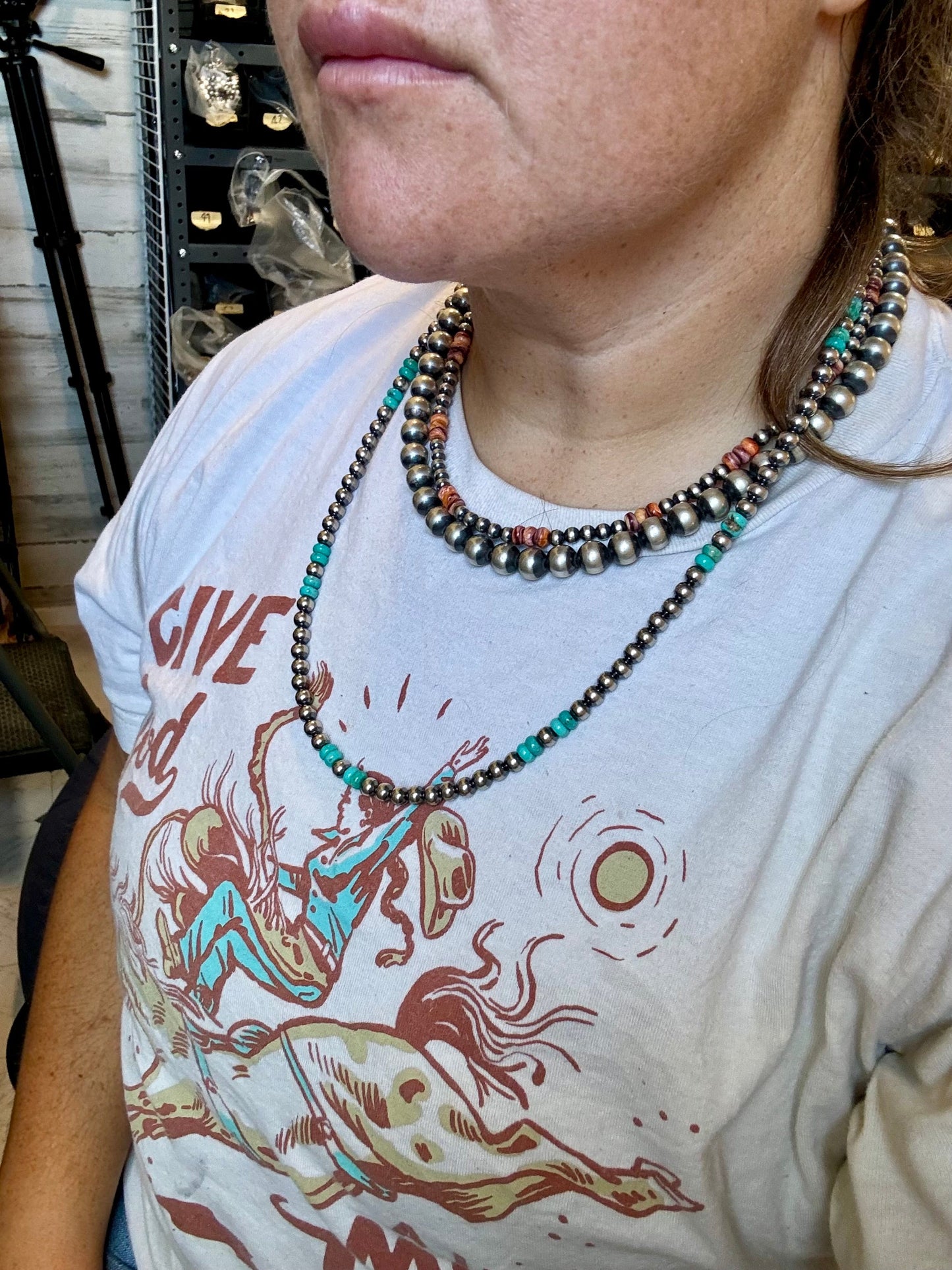 23” 6mm Sterling Silver Pearls & Turquoise Rondelle Necklace