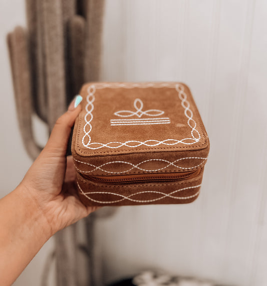 Tan Boot Stitch Square Jewelry Box