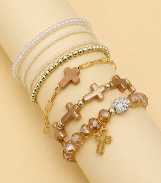 Cross Charm Mixed Beaded Bracelet Set *BROWN