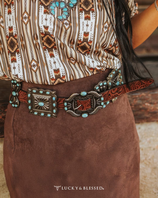 Brown Tooled Leather Turquoise Stone Concho Belt
