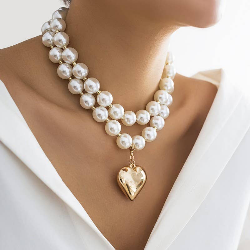 Layered Pearl Beaded Heart Necklace