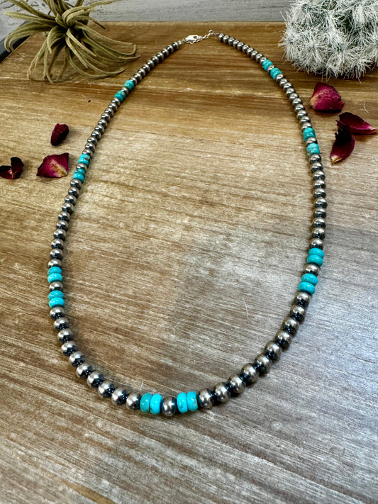 23” 6mm Sterling Silver Pearls & Turquoise Rondelle Necklace