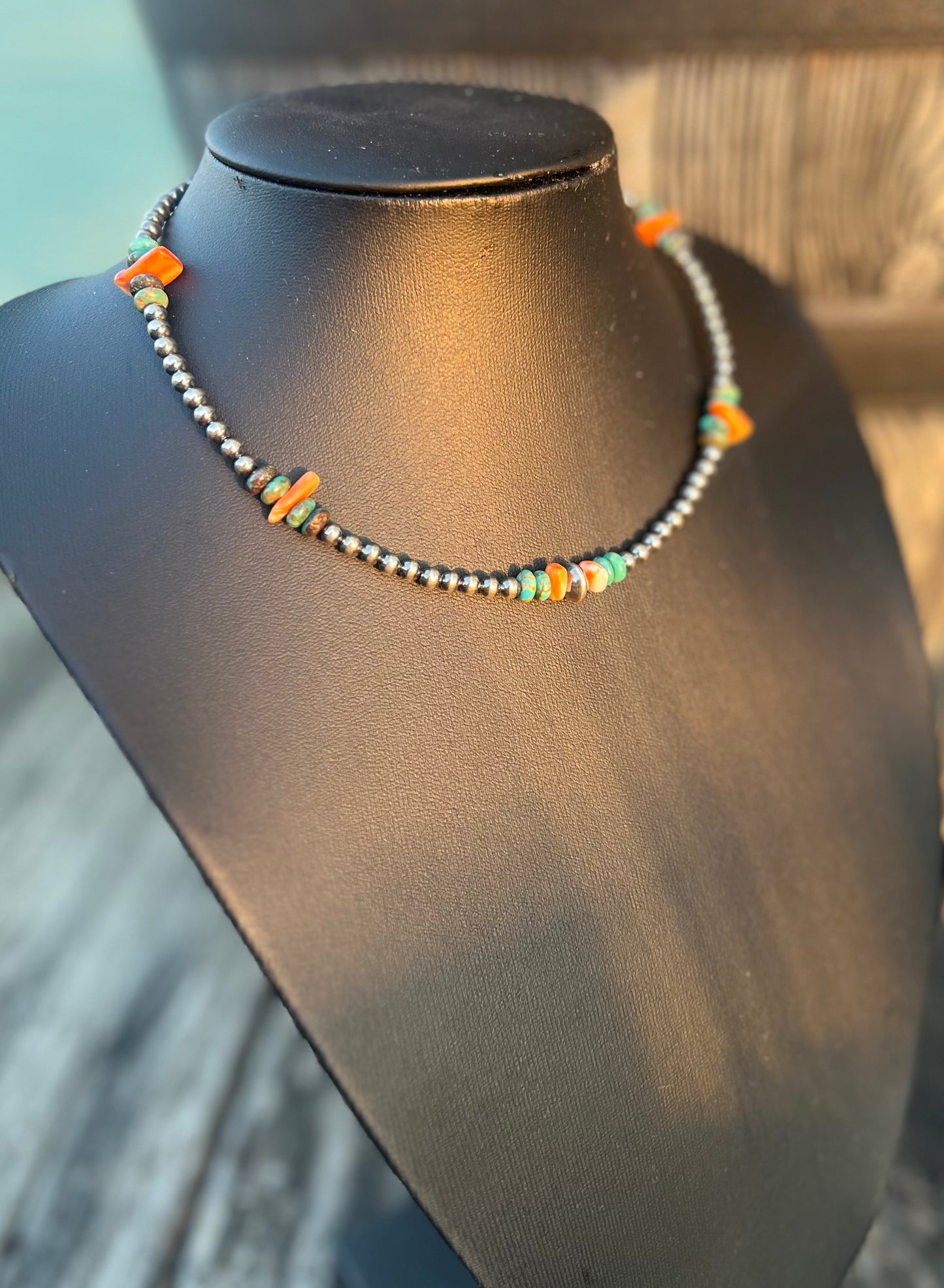 14-Inch Spiny Oyster & Turquoise Necklace with Sterling Silver Pearls