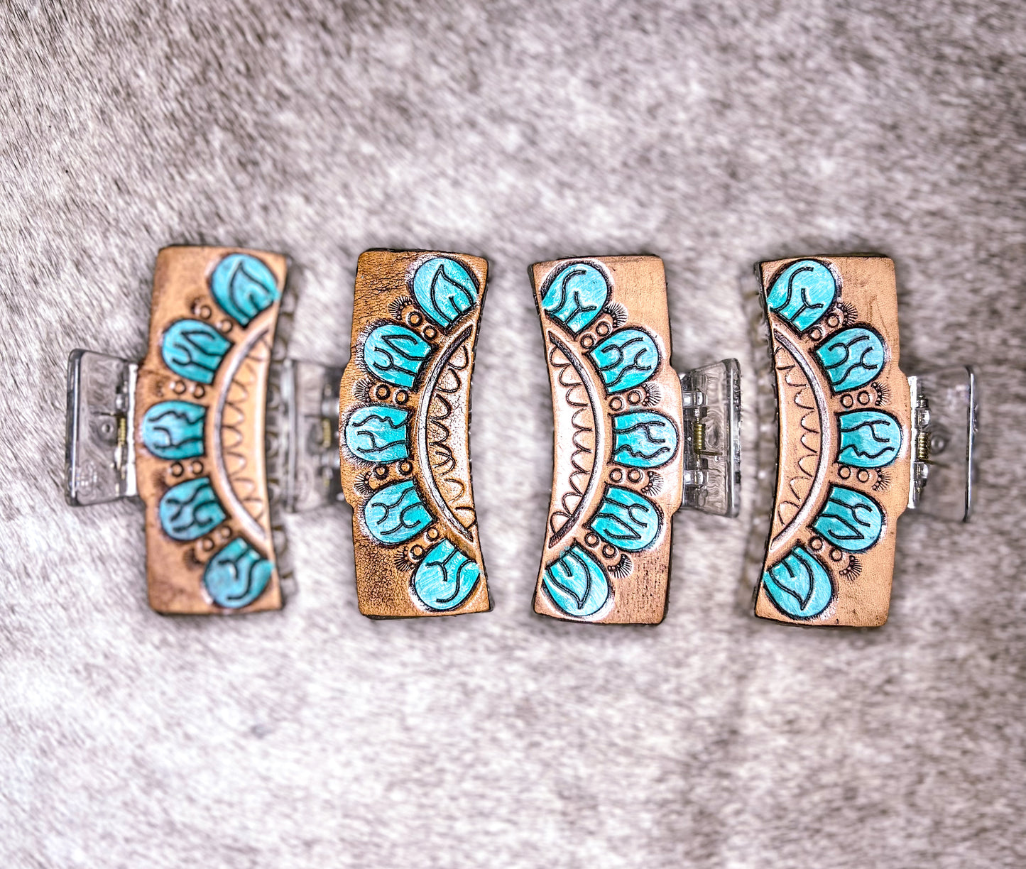 Turquoise Flower Tooled Leather Claw Clip