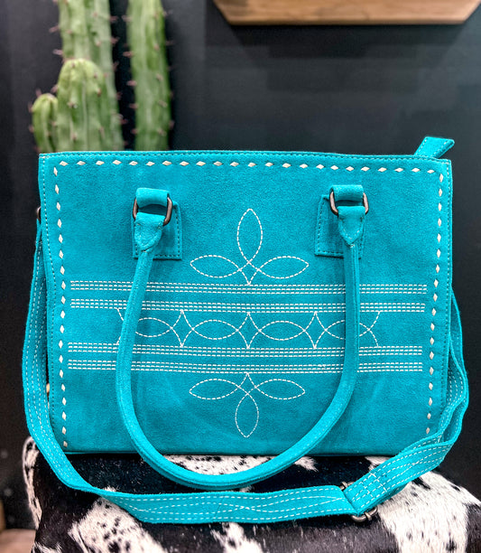 Turquoise Boot Stitch Tote Purse Crossbody
