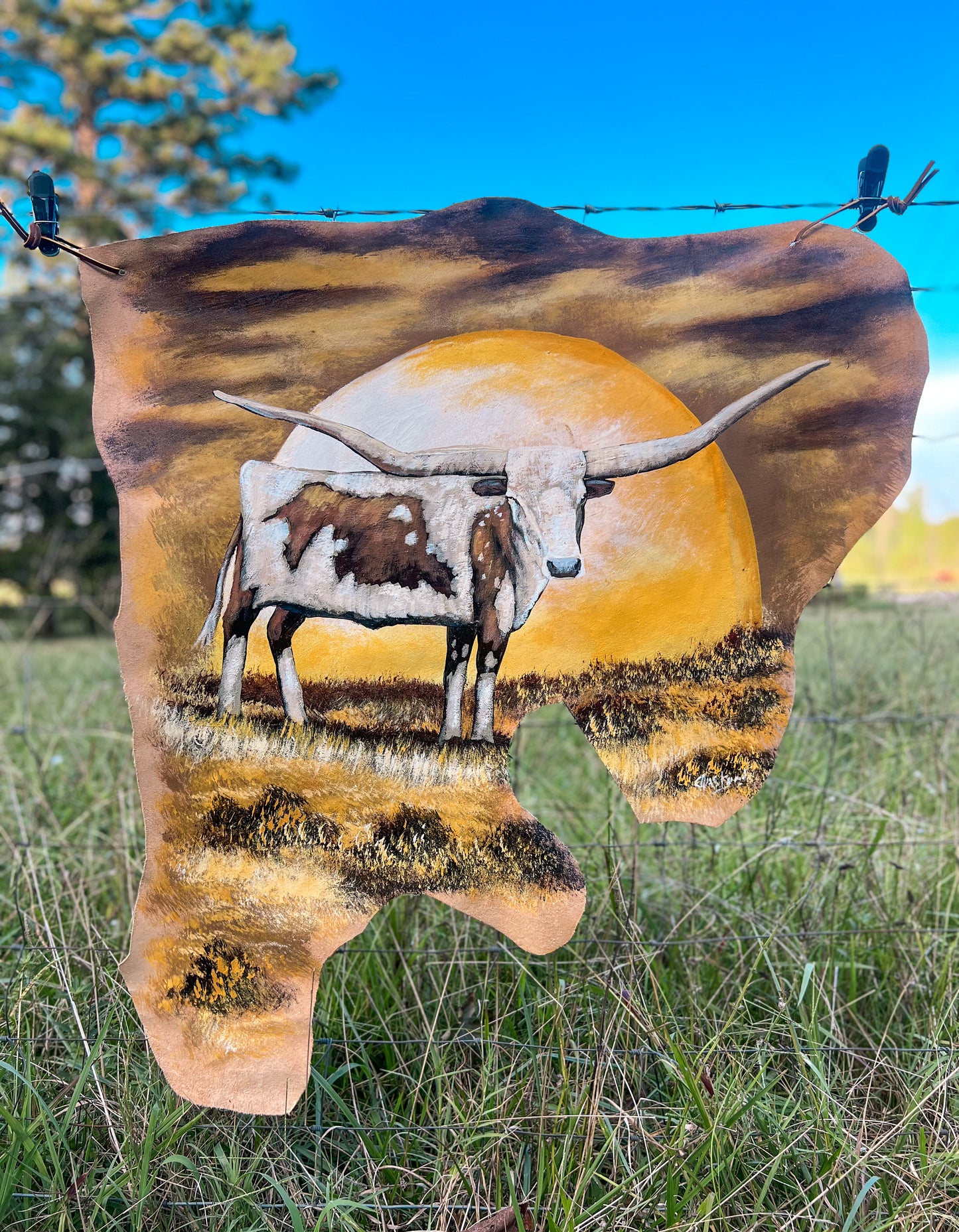 Longhorn Sunset Painted Leather Canvas