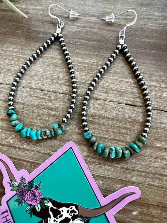 3 mm Sterling Silver Pearl Teardrop Earrings with Real Turquoise Nuggets