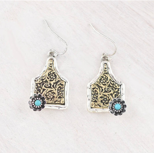 Floral Tooling Cattle Tag Earrings
