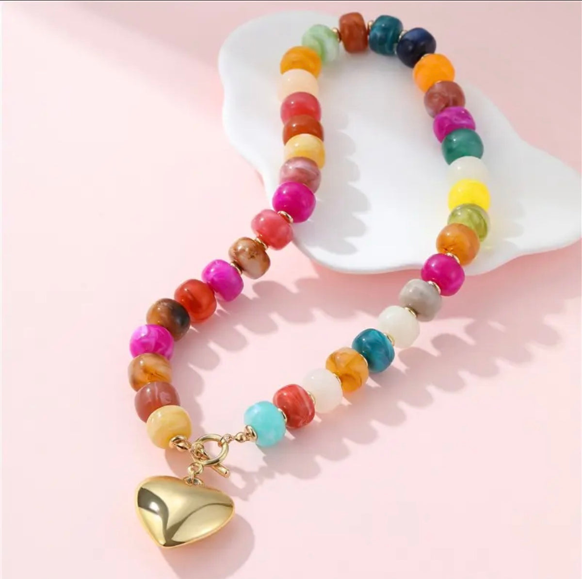 Multi Beaded Heart Charm Toggle Necklace
