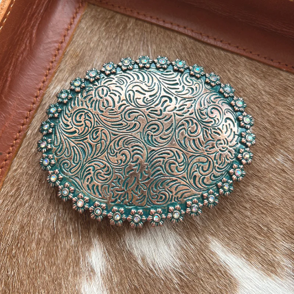 Floral Tooled Look Concho Belt Buckle