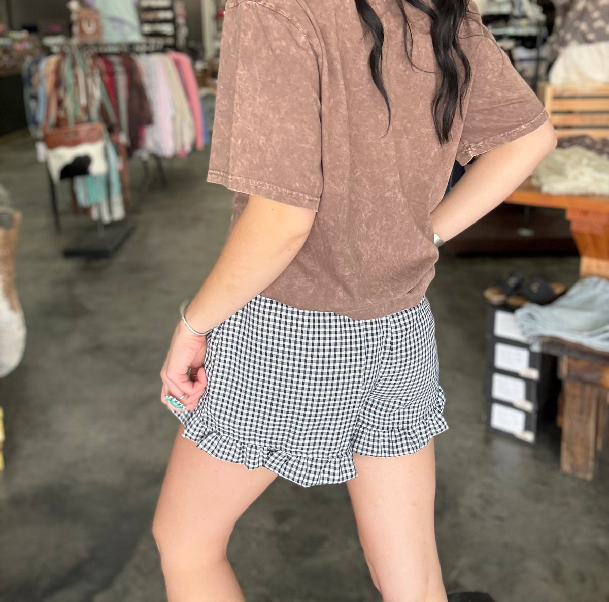Black Gingham Ruffle Shorts