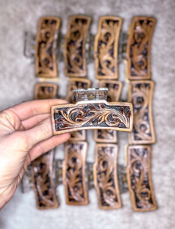 Scroll Tooled Leather Claw Clip