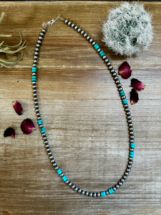 23” 6mm Sterling Silver Pearls & Turquoise Rondelle Necklace