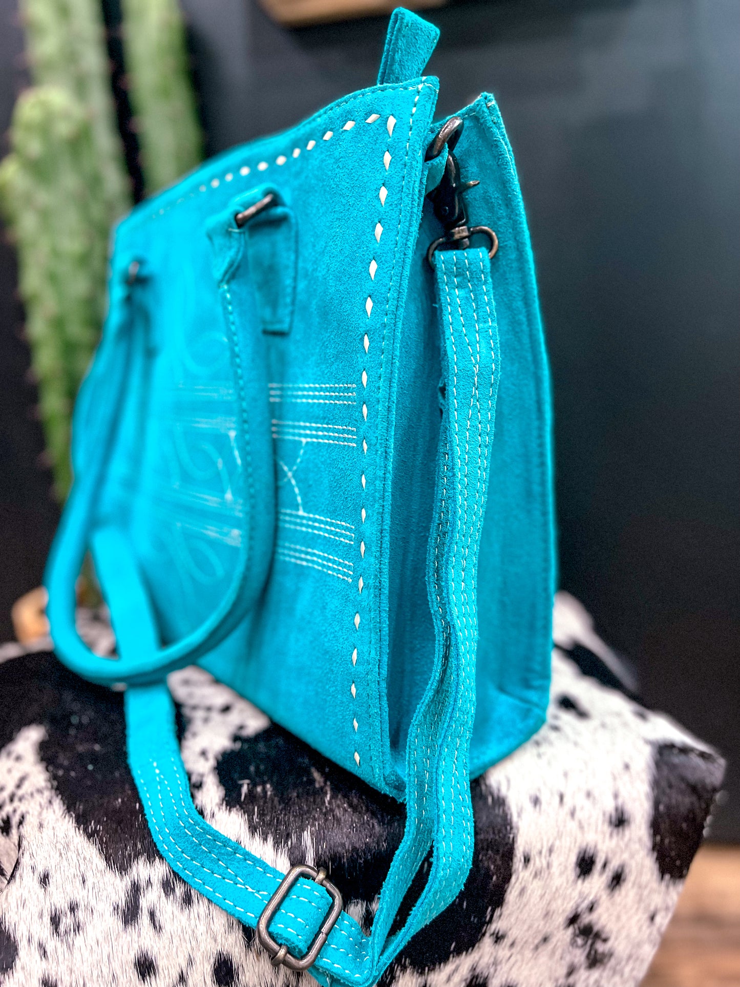 Turquoise Boot Stitch Tote Purse Crossbody