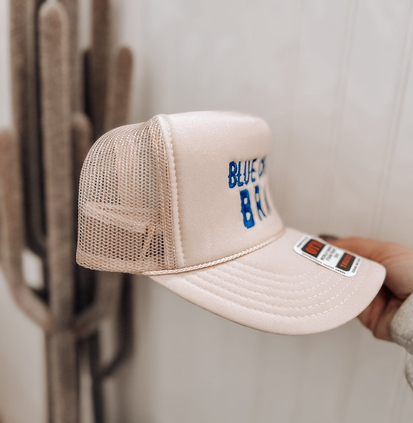 Blue Collar Brat Trucker Hat- Tan & Blue