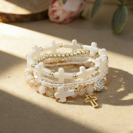 Cross Charm Mixed Beaded Bracelet Set *White