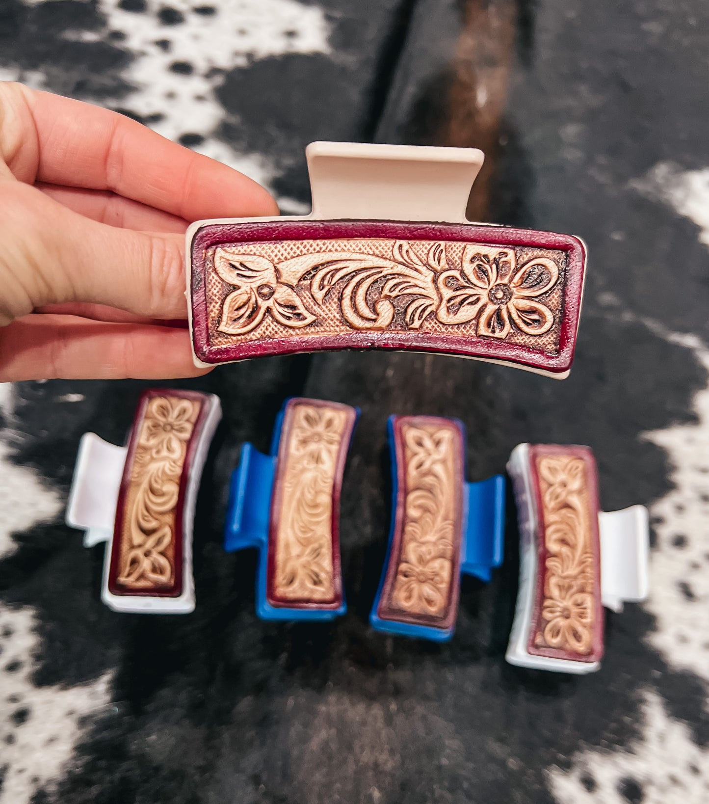 Floral Tooled Leather Claw Clip