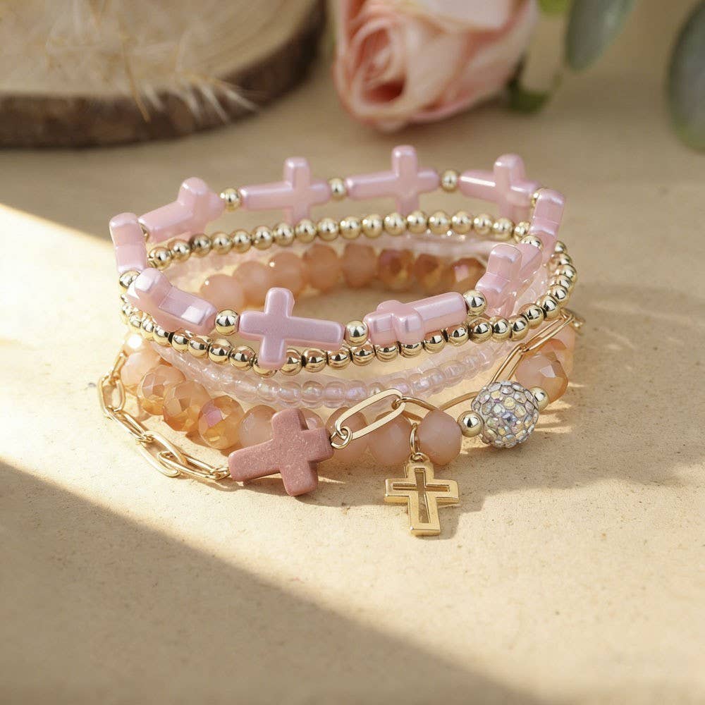 Cross Charm Mixed Beaded Bracelet Set * PINK