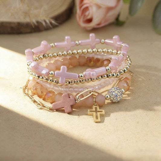 Cross Charm Mixed Beaded Bracelet Set * PINK