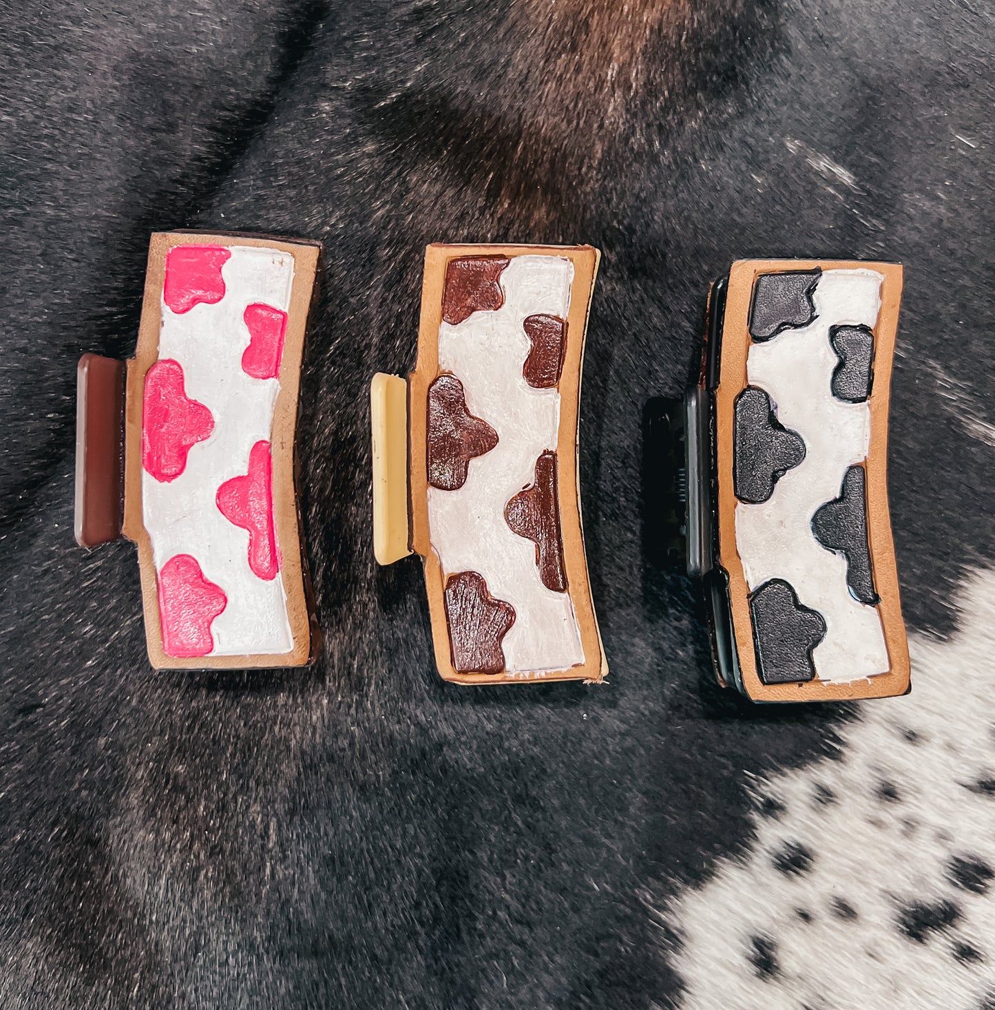 Cowprint Tooled Leather Claw Clip