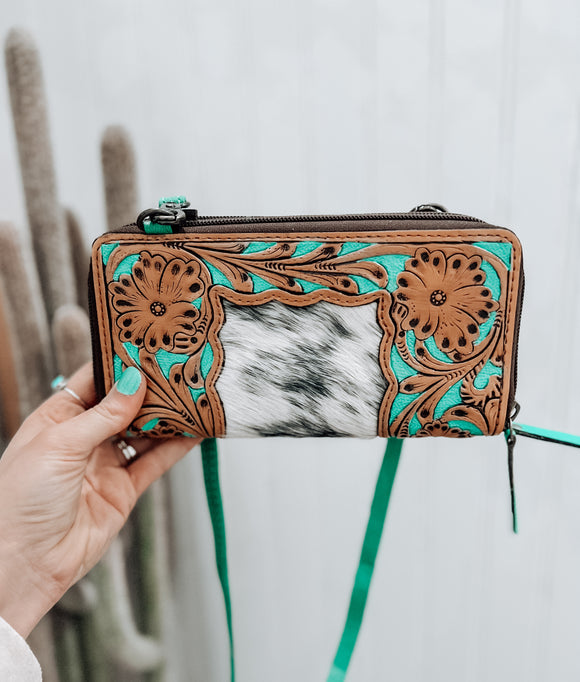 Turquoise Tooled/Cowhide Wallet with Crossbody Strap