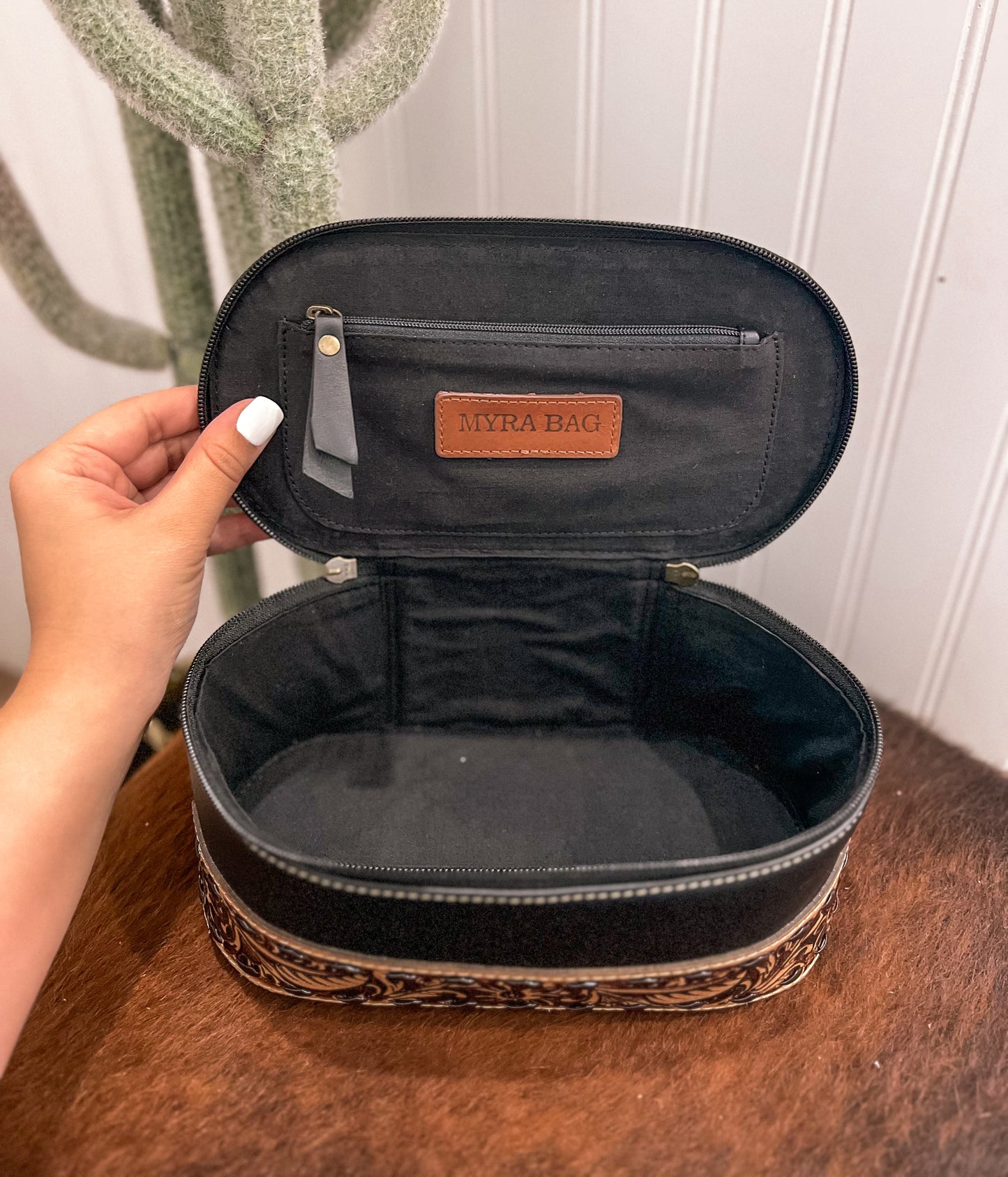 Black Tooled Leather Make Up Bag