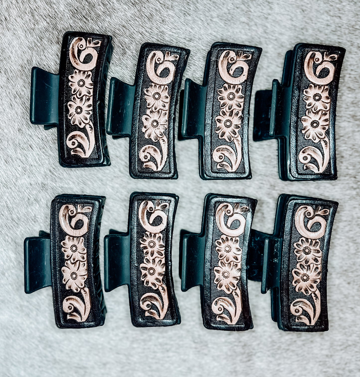 Flower Scroll Tooled Leather Claw Clip