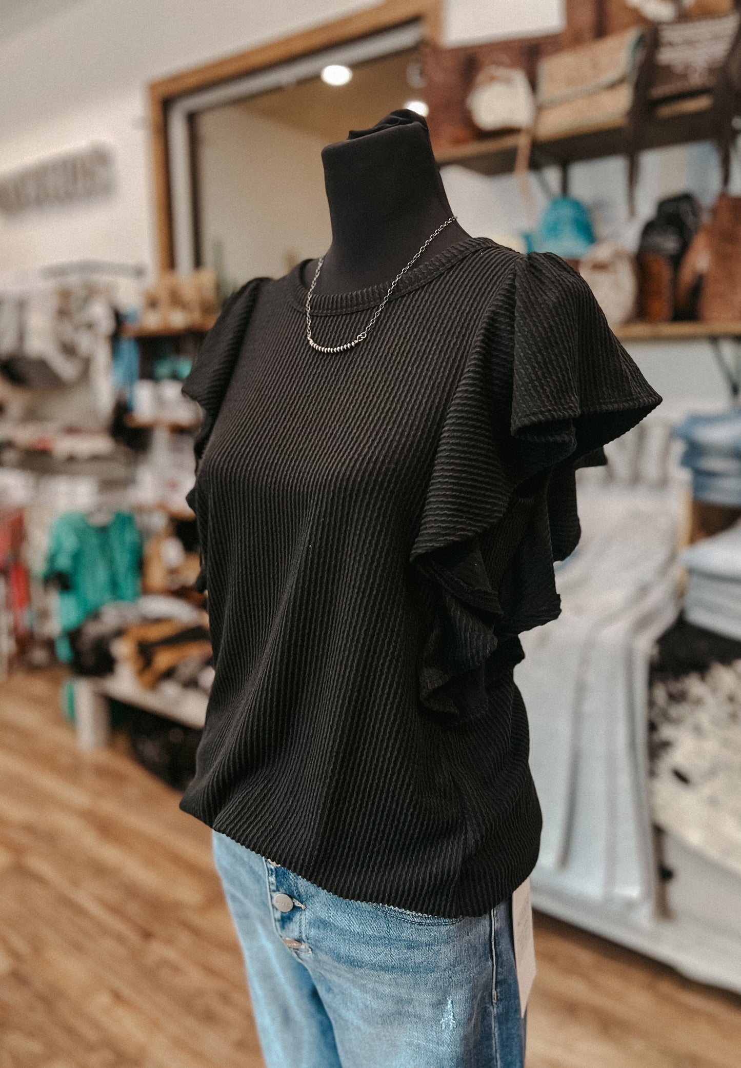 The Josie Ruffle Sleeve Ribbed Top *Black