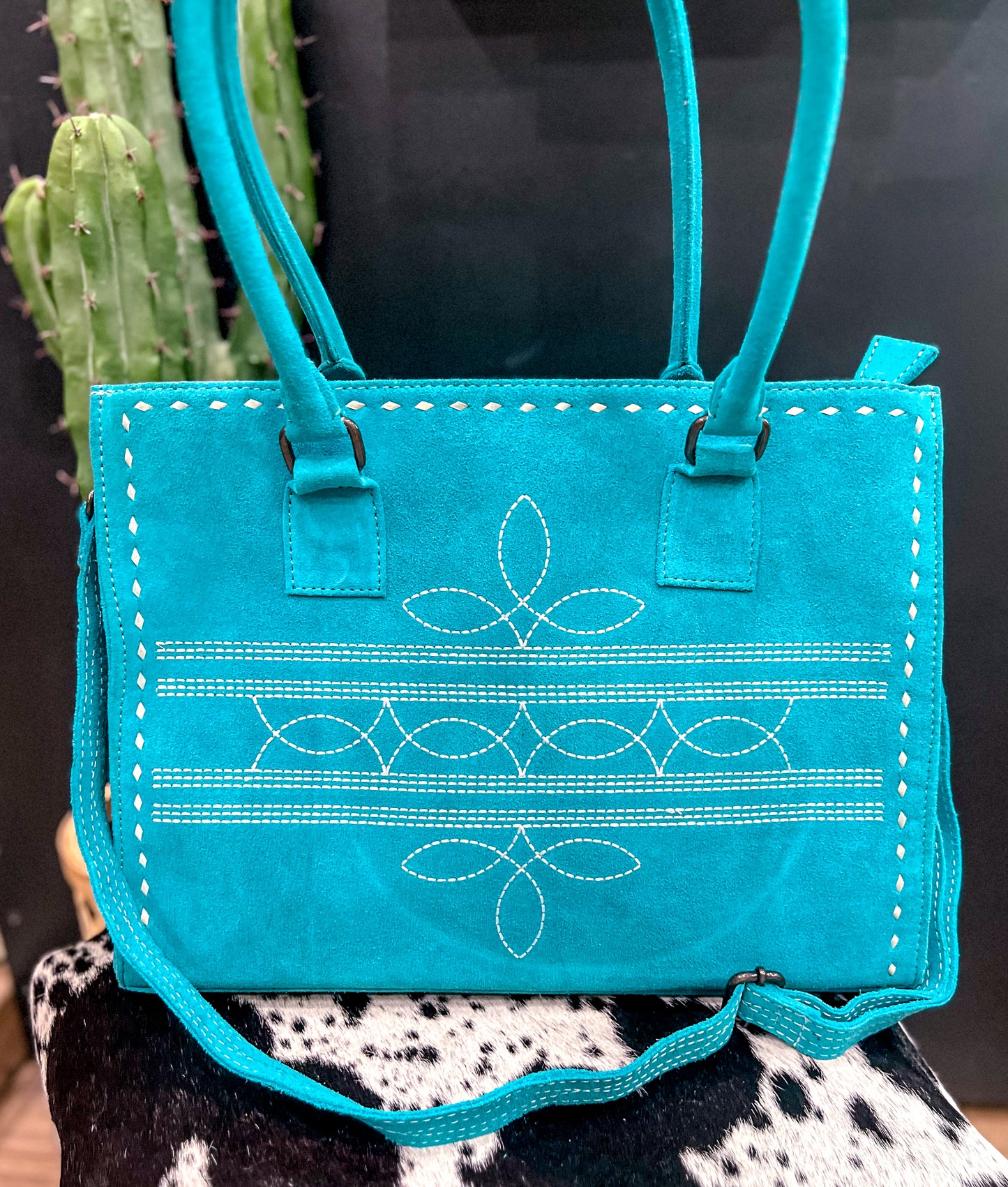 Turquoise Boot Stitch Tote Purse Crossbody