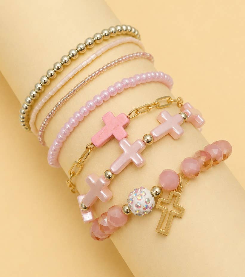 Cross Charm Mixed Beaded Bracelet Set * PINK