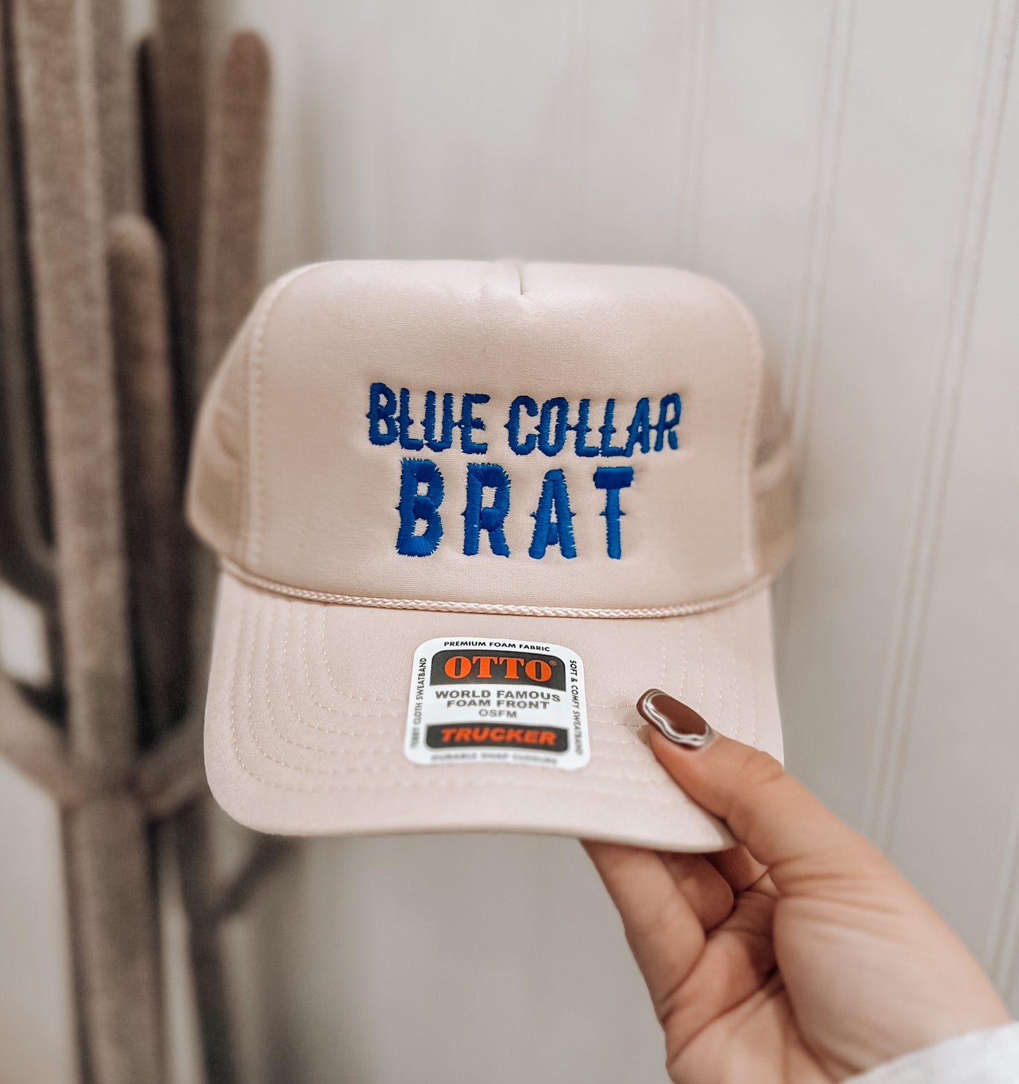 Blue Collar Brat Trucker Hat- Tan & Blue