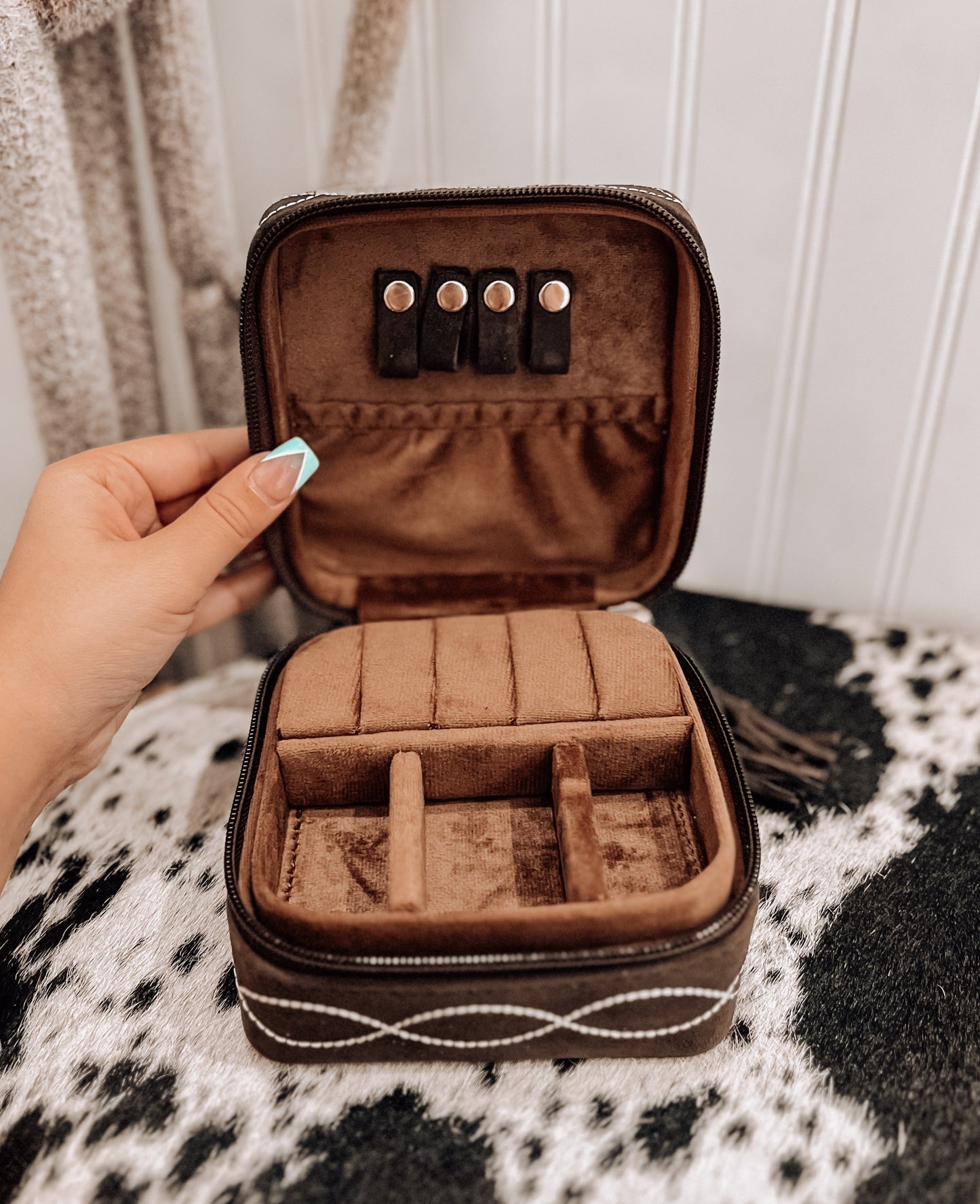 Brown Boot Stitch Square Jewelry Box