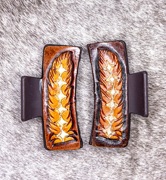 Diamond Feather Tooled Leather Claw Clip