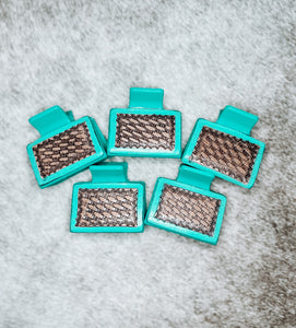 Turquoise & Brown Basket Weave Tooled Leather Mini Claw Clip