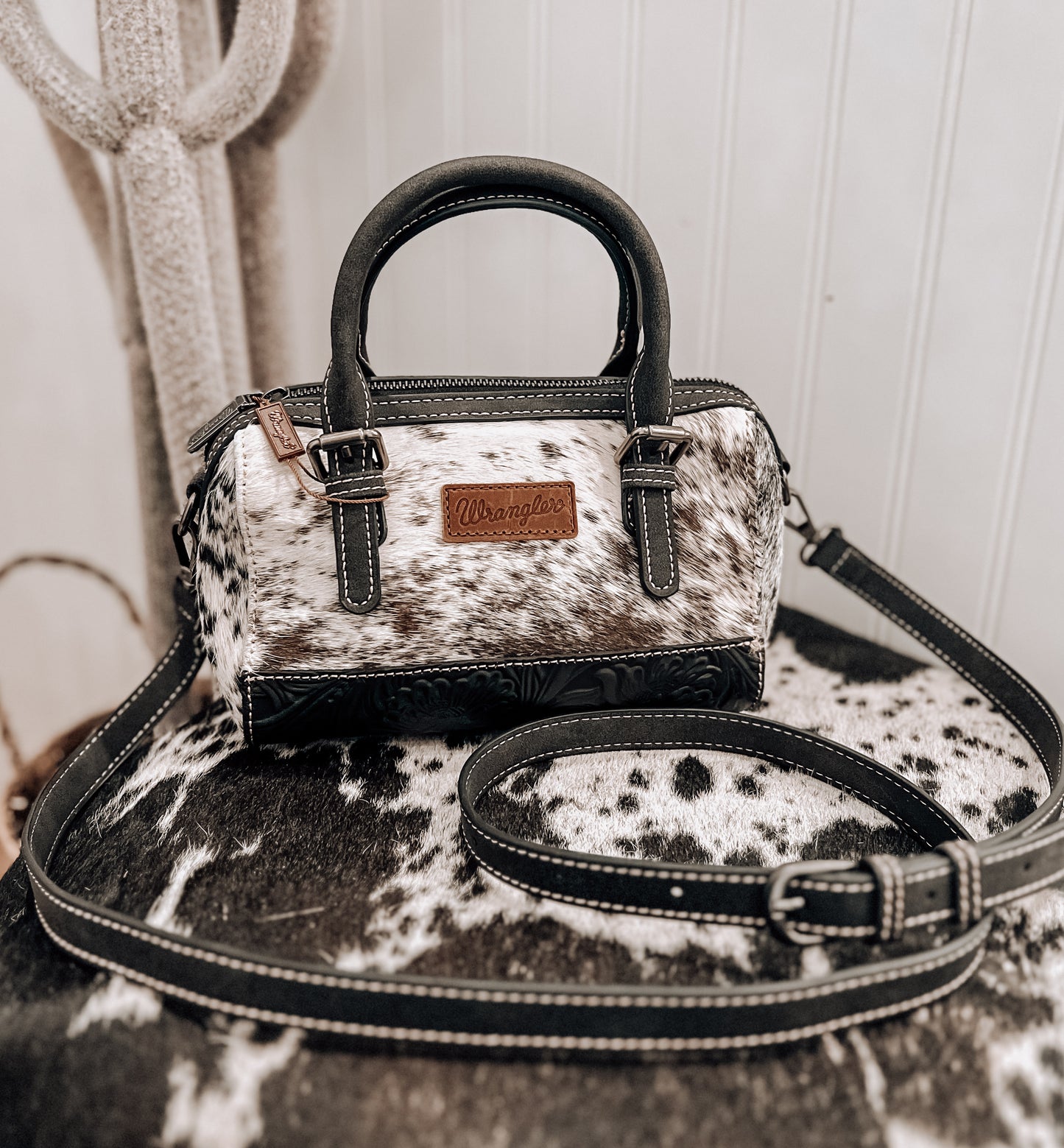 Wrangler Genuine Hair-On Cowhide Barrel Bag/Crossbody *Black
