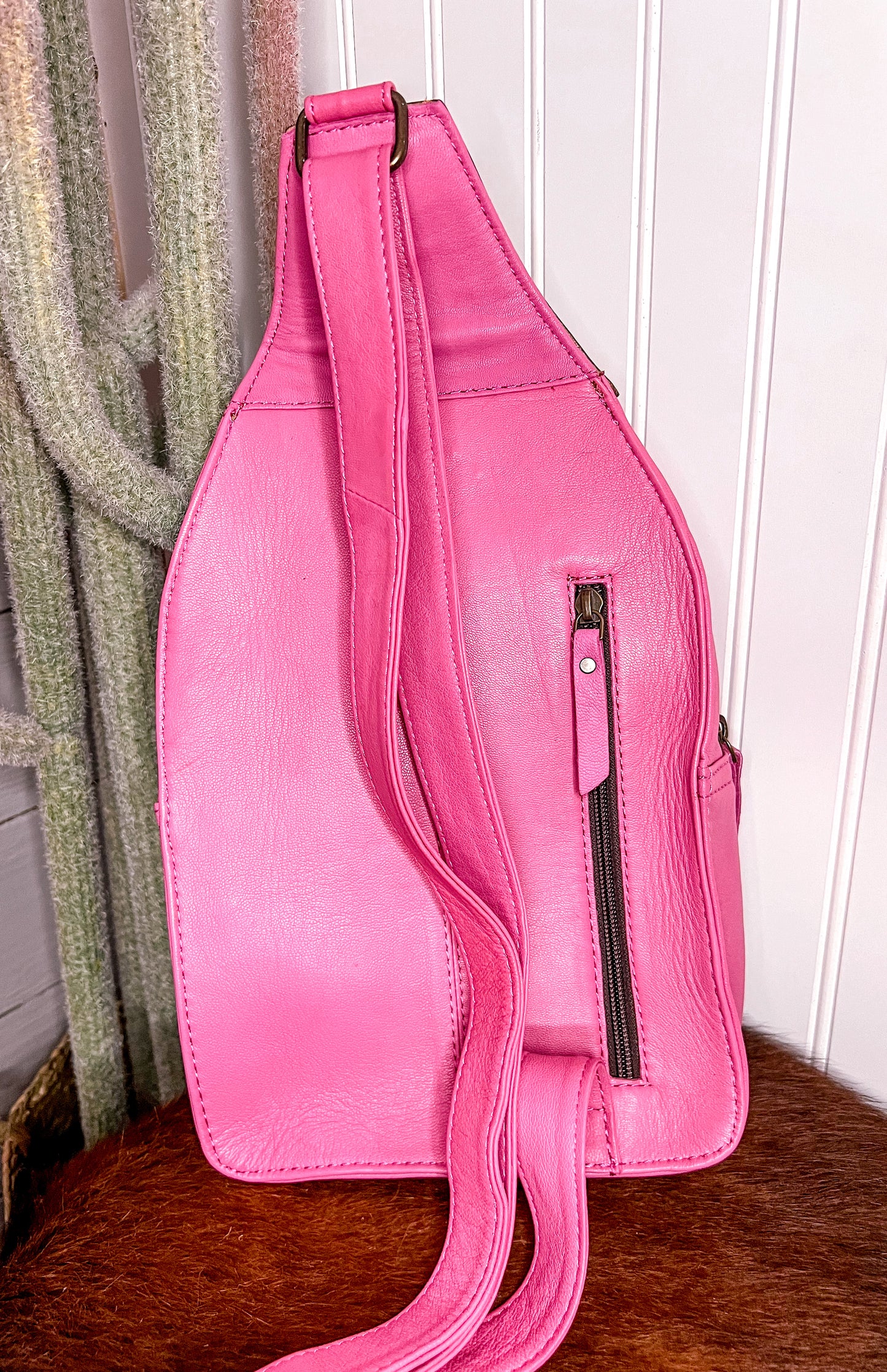 Pink Tooled Leather & Cowhide Sling Bag