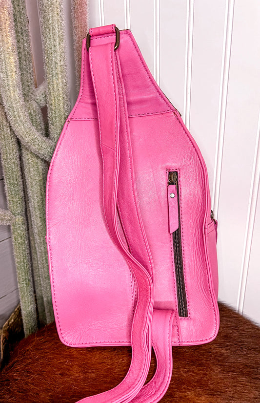 Pink Tooled Leather & Cowhide Sling Bag