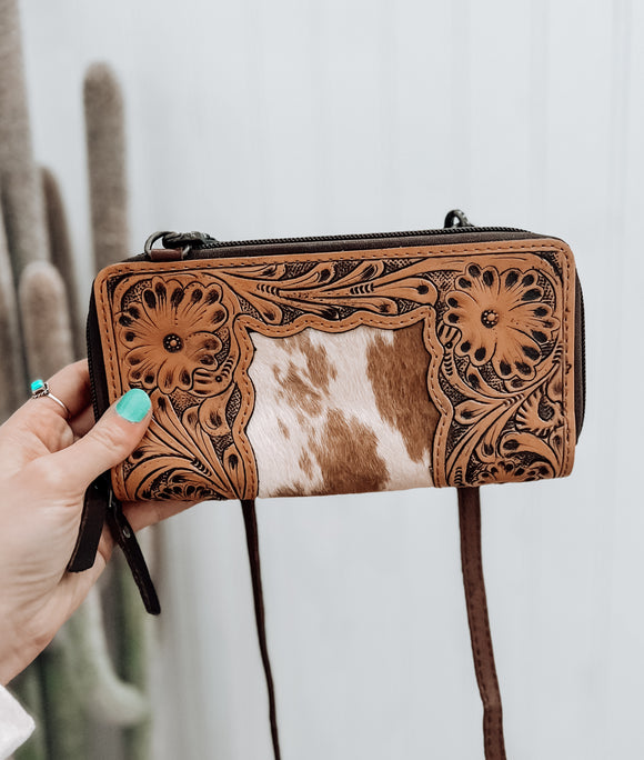 Tooled/Cowhide Wallet with Crossbody Strap