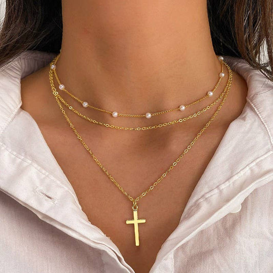 Cross Necklace Pearl and Gold